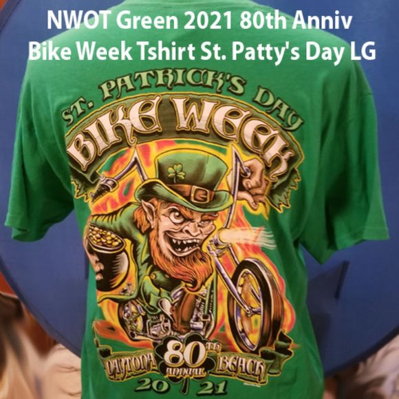 NWOT Green 2021 80th Anniv Bike Week Tshirt St. Patty's Day LG - Picture 1 of 5